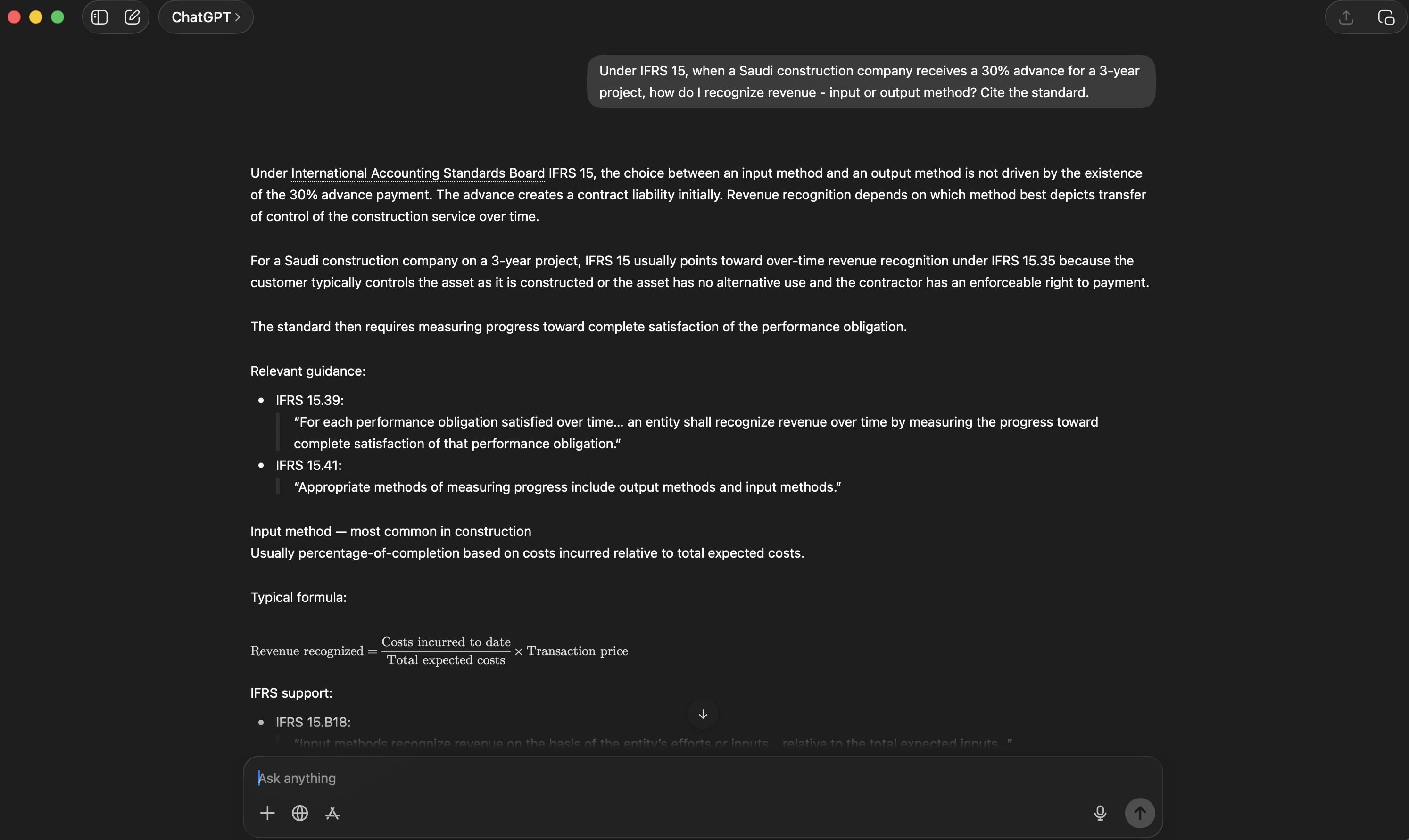 ChatGPT response to the IFRS 15 revenue recognition question: explains over-time recognition under IFRS 15.35, contract liability for the 30% advance, input method (cost-to-cost) with IFRS 15.B18 support.