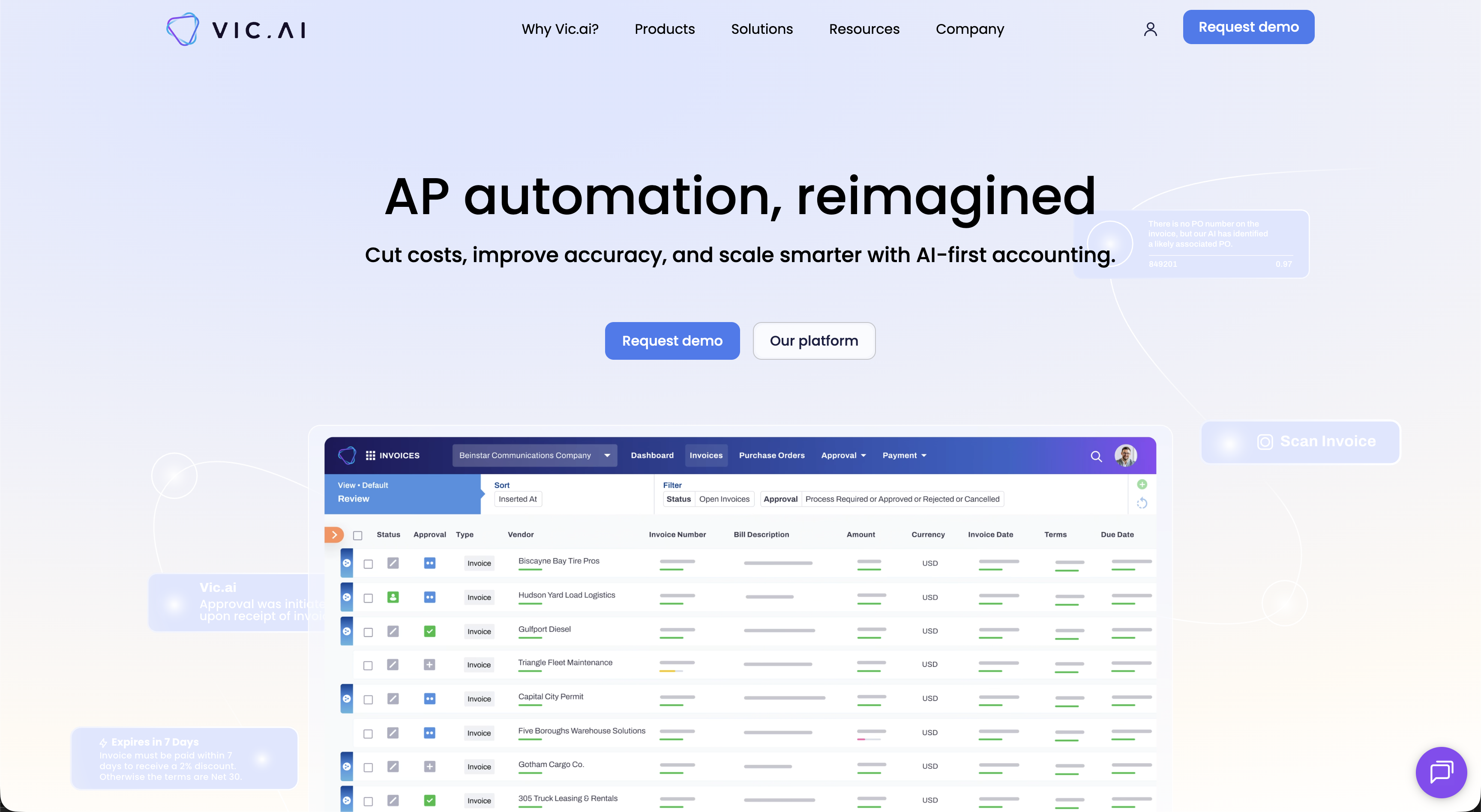 Vic.ai website hero: AP automation, reimagined. Cut costs, improve accuracy, and scale smarter with AI-first accounting.